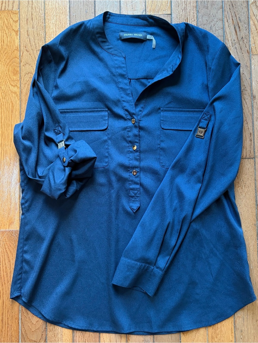 Ivanka Trump Navy Blue Roll-Tab Henley Blouse